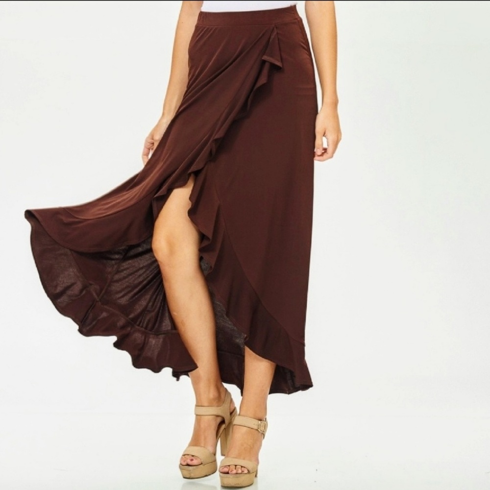Bellino Plus Brown Ruffle Wrap Maxi Skirt